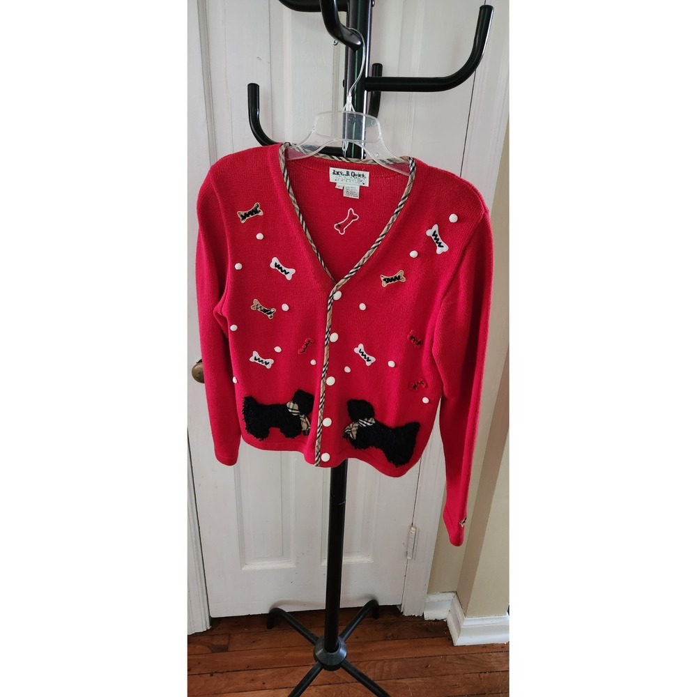 Vintage JACK B QUICK SCOTTIE DOGS BONES Embellished Cardigan Sweater L Red